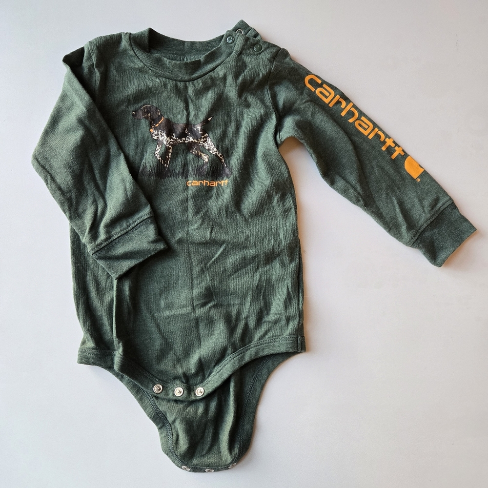 Carhartt Olive Green Kids Bodysuit with Dog Graphic 18M